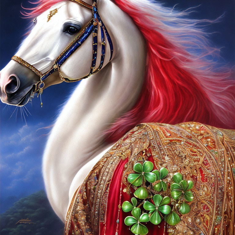 Majestic White Horse with Red Mane and Ornate Golden Bridle