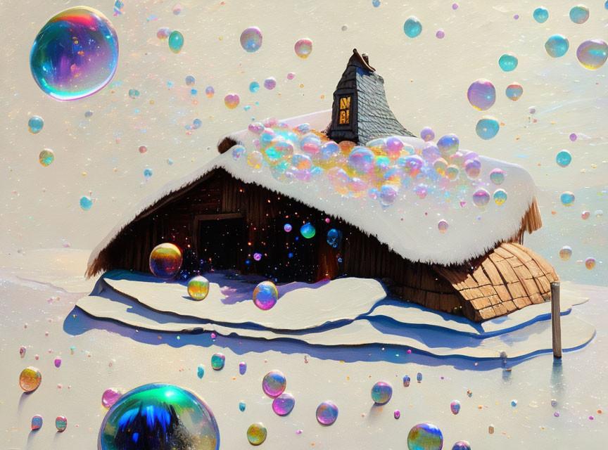 Snow-covered cottage with smokestack surrounded by colorful soap bubbles under bright sky.