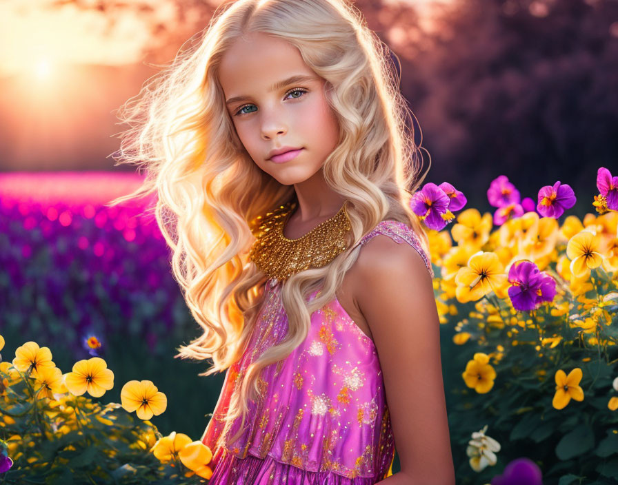 Blonde girl in pink dress and flower field at sunset