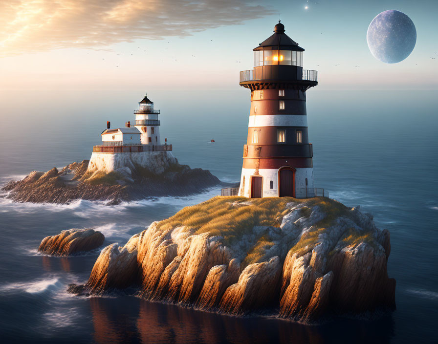 Two lighthouses on rugged island at sunset with birds and moon.