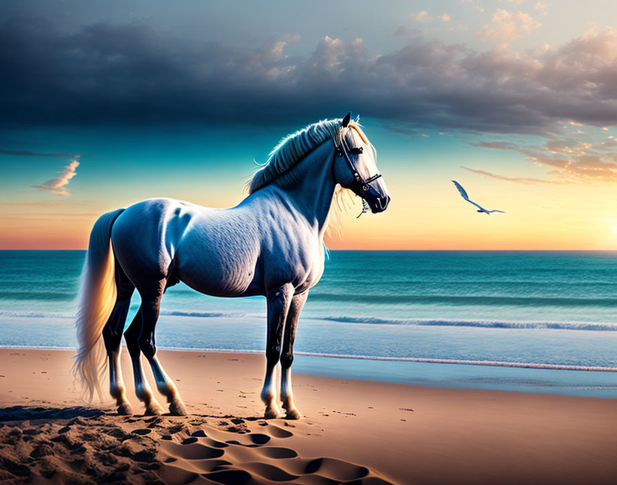 White Horse on Beach at Sunset with Bird Soaring