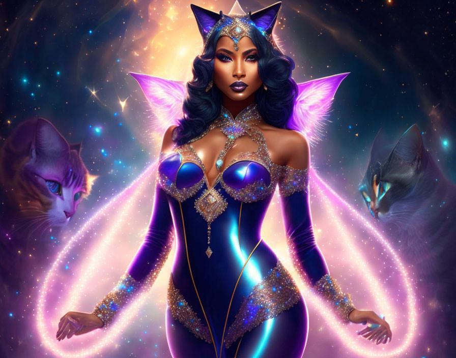 Stylized cosmic woman with cat features and celestial backdrop