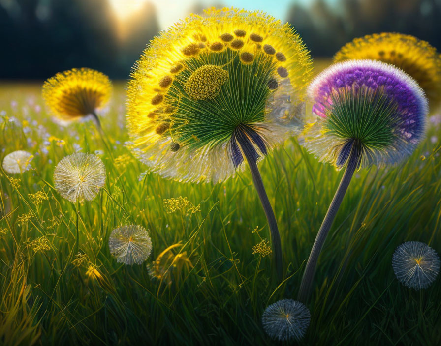 Vibrant dandelion puffballs in altered rainbow hues on sunlit meadow