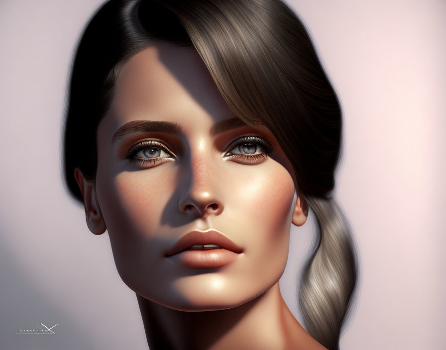 Detailed 3D Rendered Female Face with Hazel Eyes and Silver Hair