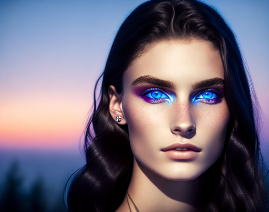 Digital Artwork: Woman with Blue Eyes, Dark Hair, and Earring in Dusk Sky