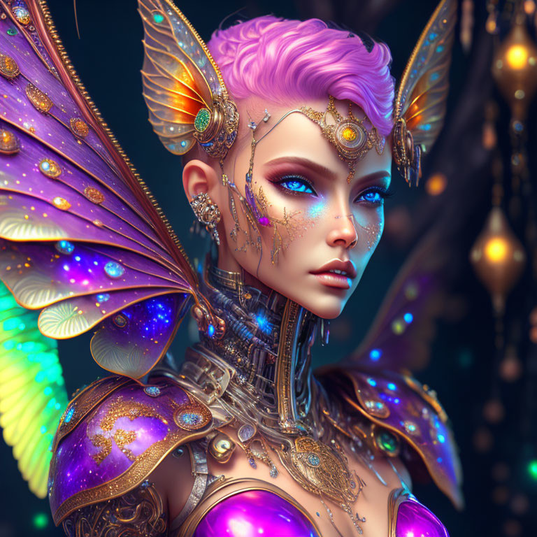 Digital art portrait of female character with pink hair, golden headwear, butterfly wings, and colorful armor