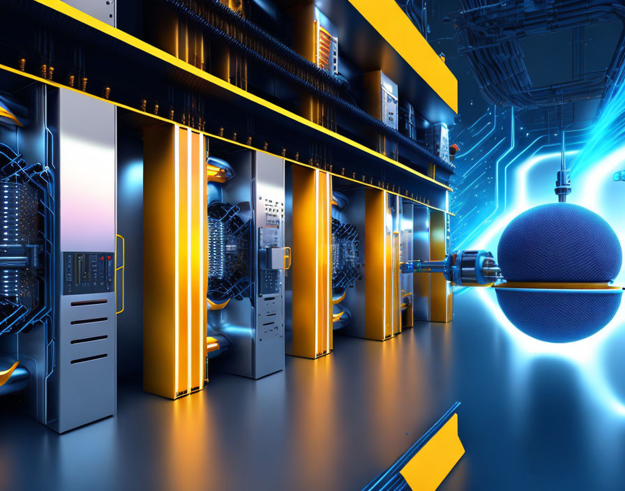 Advanced Data Center with Blue Lighting and Holographic Orbs