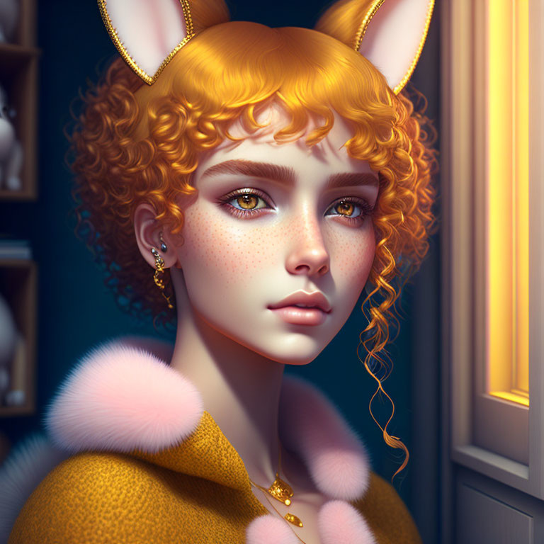 Digital illustration of person with fox-like features in cozy setting