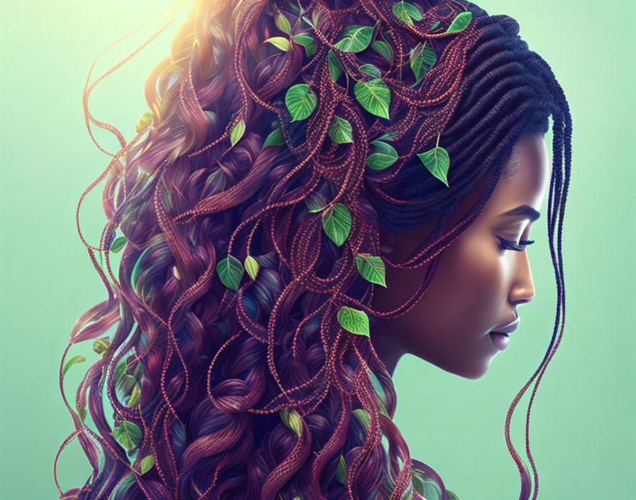Woman with Intricately Braided Hair and Green Leaves on Teal Background