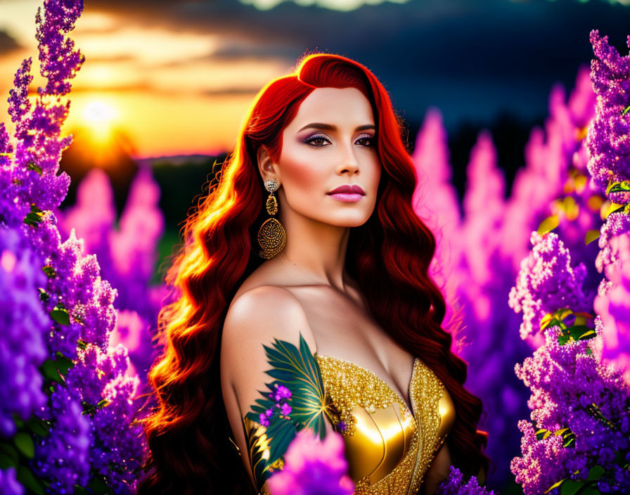 Red-Haired Woman Surrounded by Purple Flowers at Sunset