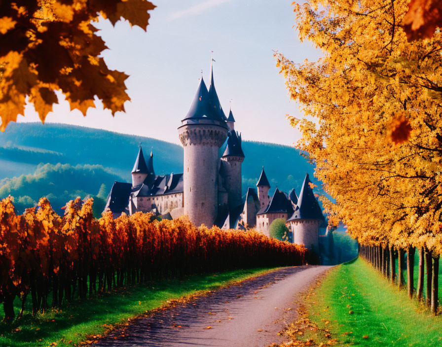 Castle with spires and vineyard pathway in autumn scenery