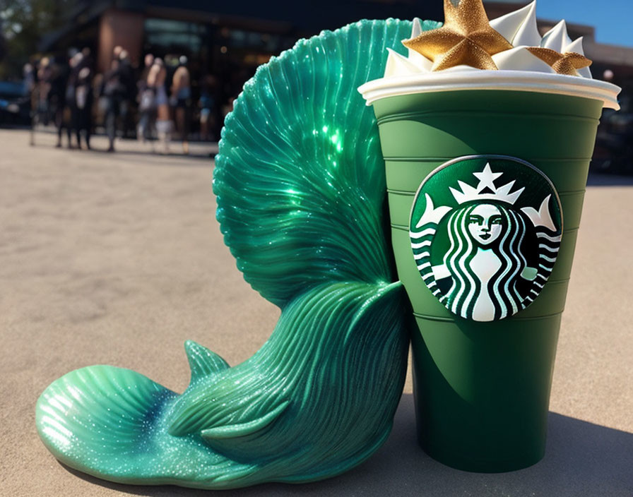 Starbucks cup featuring mermaid tail design and golden stars on whipped cream