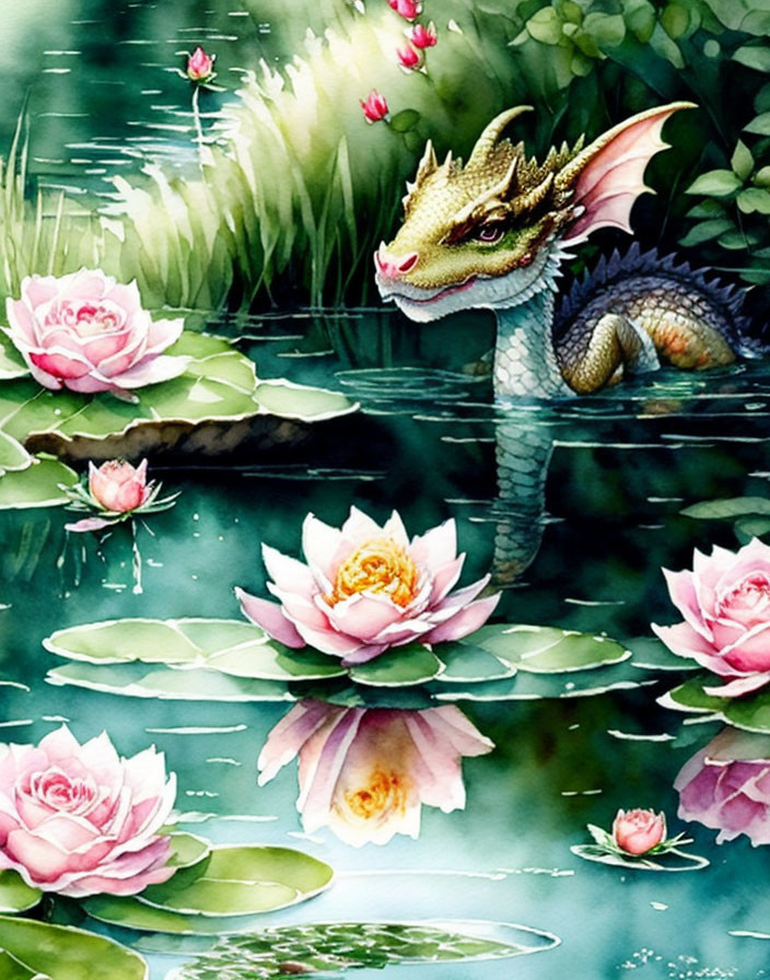 Illustrated dragon in pond with pink lotus flowers and lush greenery