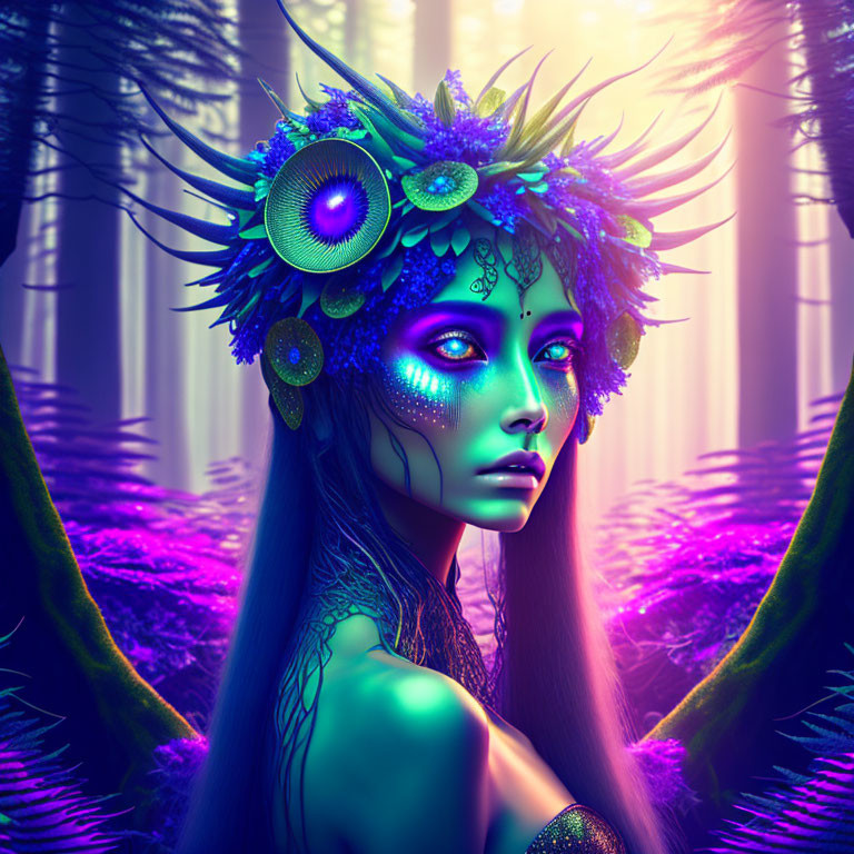 Purple-skinned female figure with eye motif headdress in mystical forest