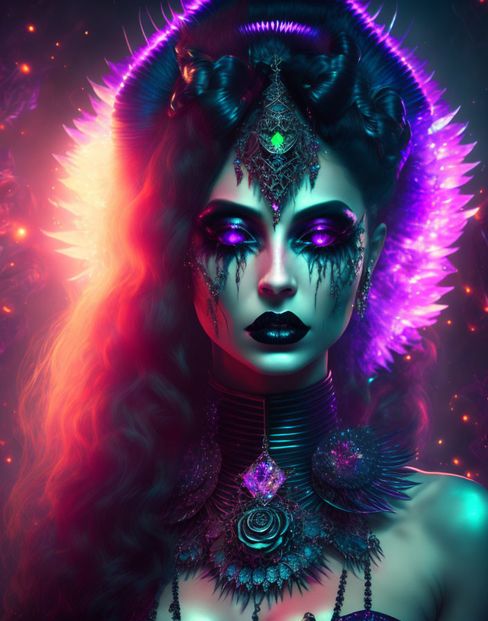 Vibrant digital artwork of woman with purple makeup and neon accents