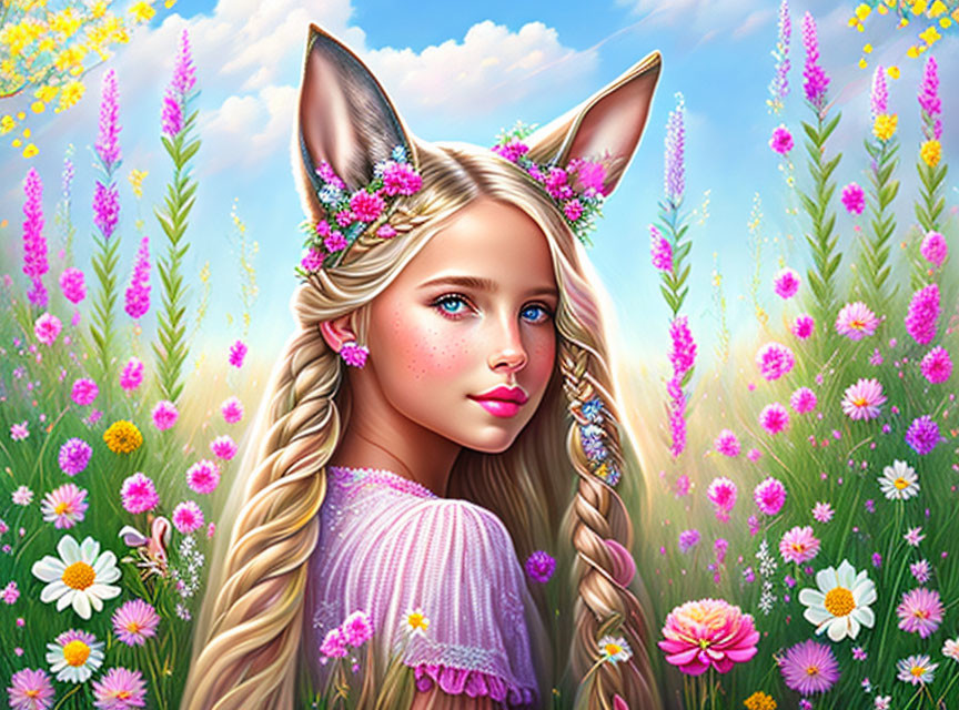 Girl with Fox Ears in Floral Headband Surrounded by Flowers and Blue Sky
