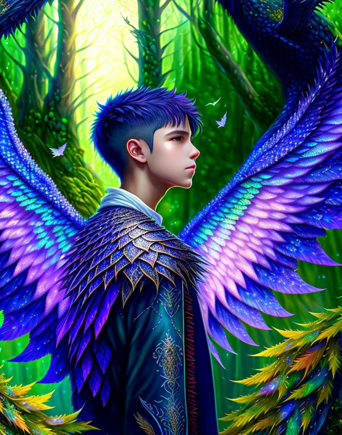 Person with blue bird-like wings in vibrant green forest with glowing butterflies