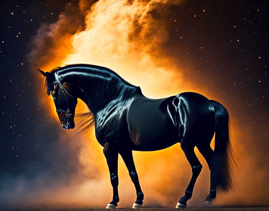 Black horse profiled against orange flames and starry night sky.