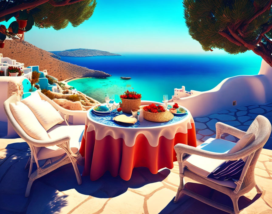 Scenic seaside dining setup with food table overlooking blue bay