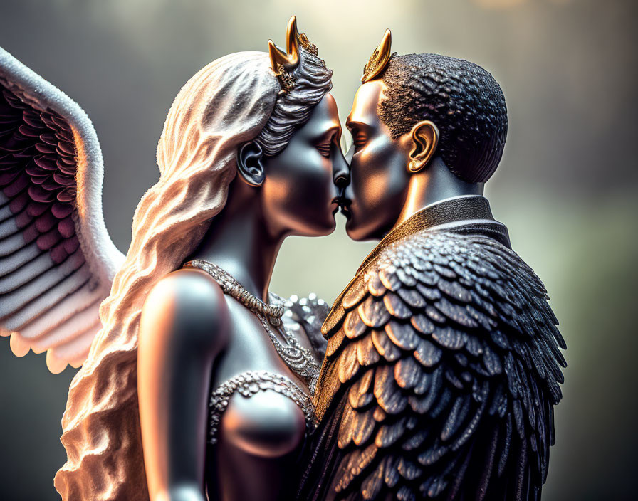 Detailed Male and Female Angel Figurines in Intimate Pose