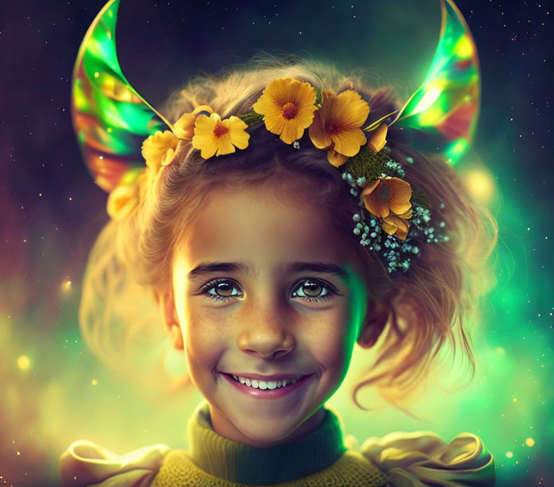 Young girl with floral headband in fantastical setting.