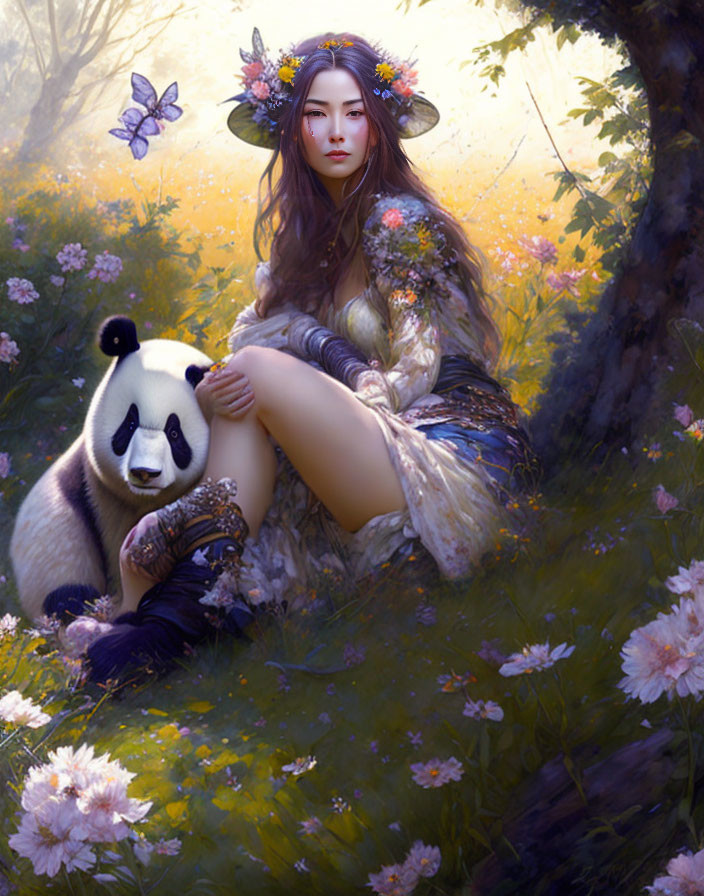 Woman with flowers seated beside panda in sunlit forest clearing.