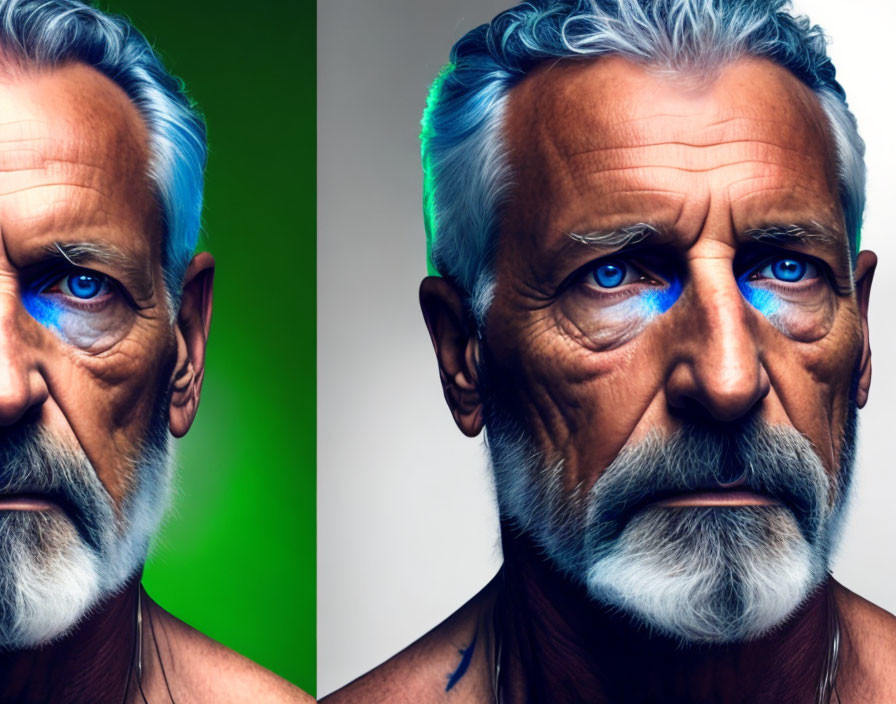 Split image of mature man with blue eyes and gray beard in green and blue lights