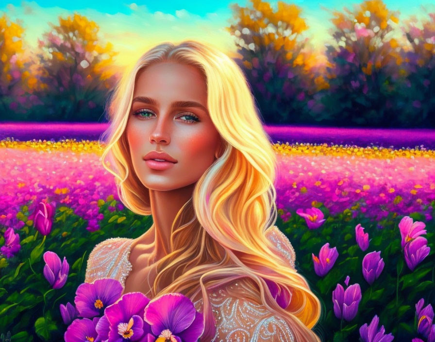 Blonde Woman with Blue Eyes Surrounded by Purple Flowers at Sunset