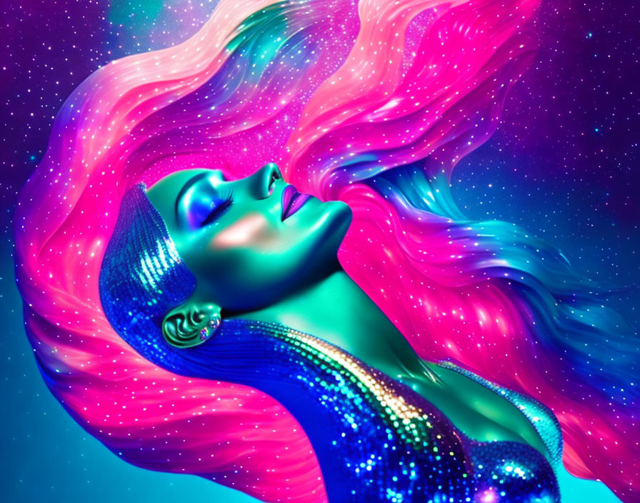 Vibrant artwork of woman with neon hair & sequined attire on cosmic backdrop