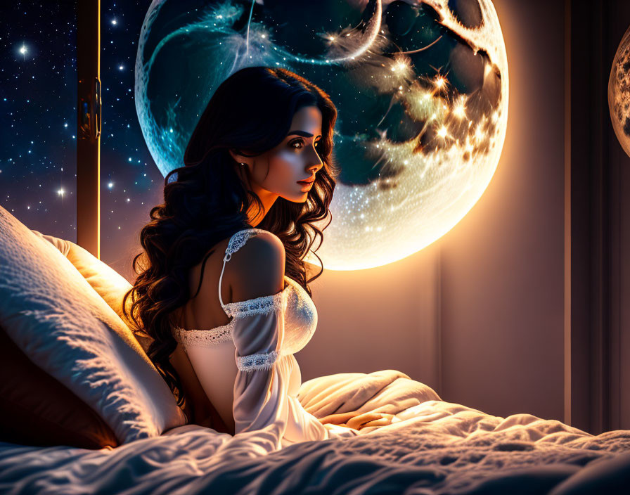 Woman sitting on bed gazes at surreal cosmic scene with oversized moons and stars.
