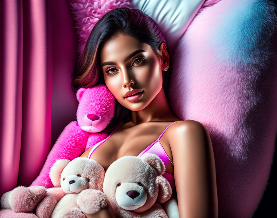 Woman reclining against pink cushions with plush teddy bears - glamorous and playful vibe