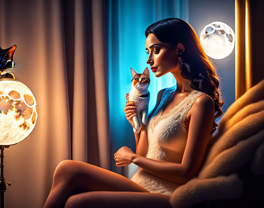 Woman in elegant dress with cat by moon lamp and window sill black cat