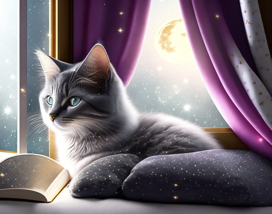 Grey and white cat next to open book under night sky with full moon and stars.