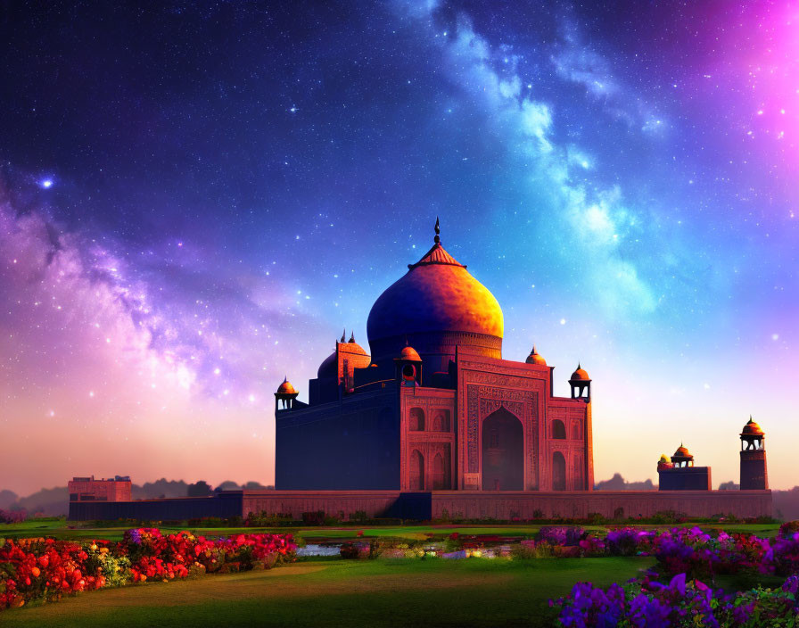 Majestic Taj Mahal at twilight with starry sky and colorful garden flowers