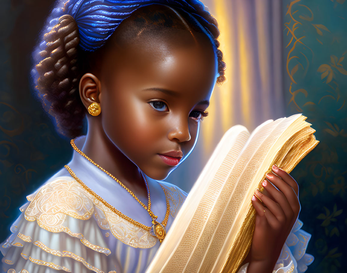 Young girl in blue head wrap reading gold-edged book under warm light