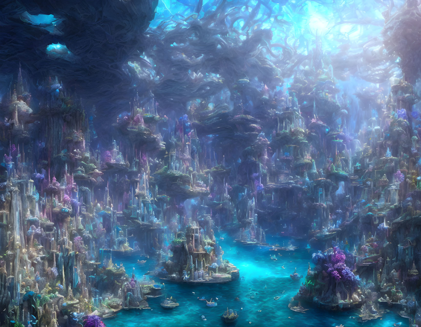 Majestic underwater city with luminescent flora and towering structures