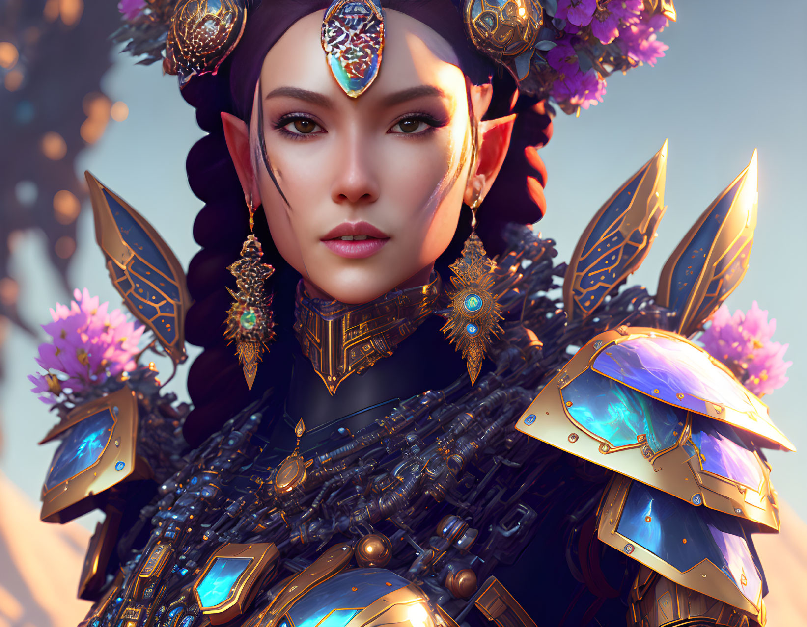 Digital portrait of woman in decorative armor with gemstones and gold details