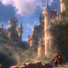 Knight in Red Cape Stands Before Enchanted Castle in Misty Landscape