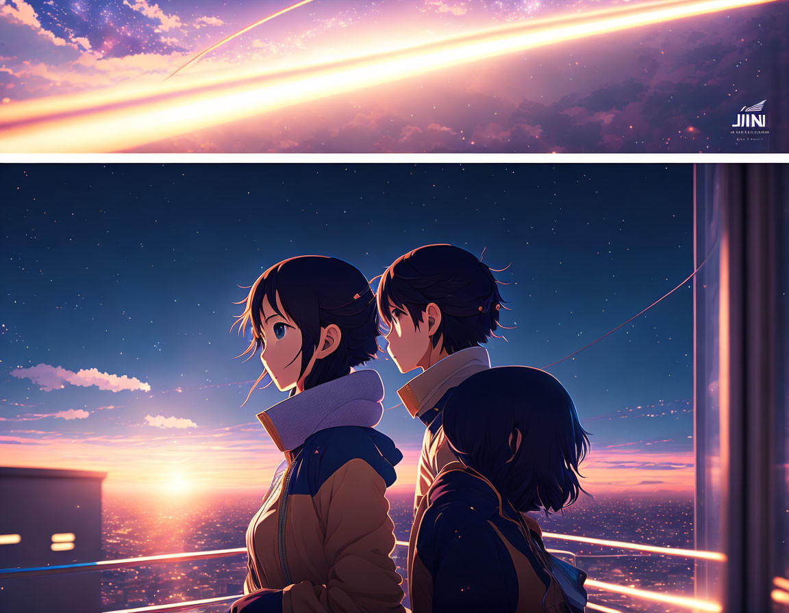 Animated characters admire sunset over cityscape in starry sky