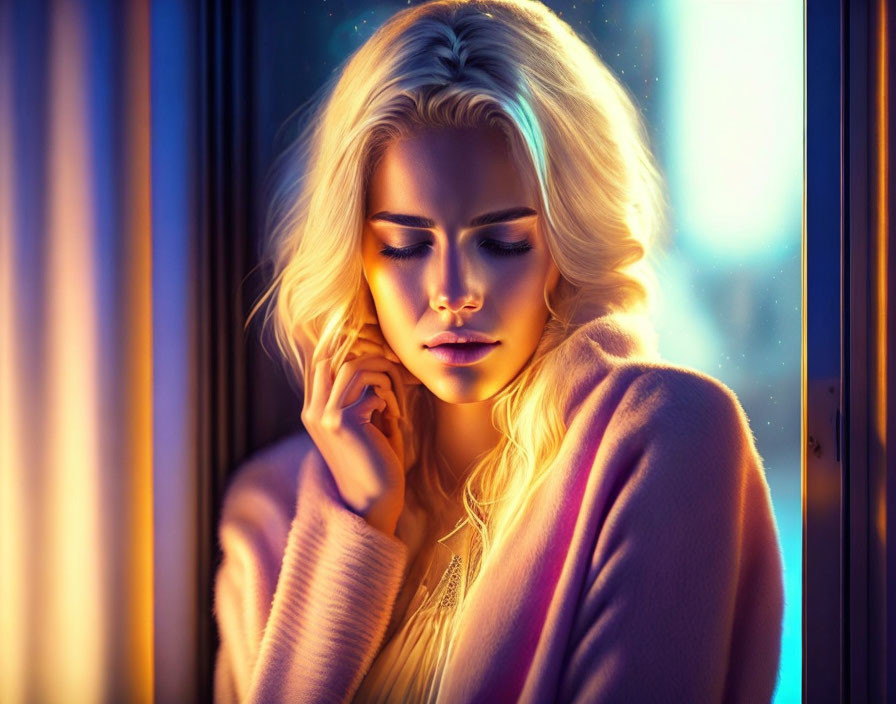 Blonde woman illuminated by neon light in contemplative pose