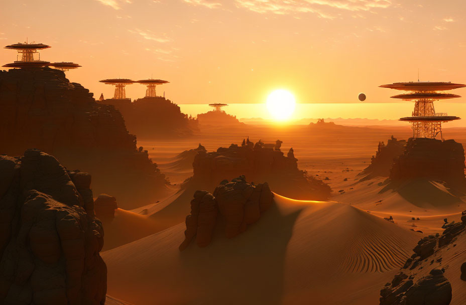 Futuristic desert sunset with rock formations and distant planet