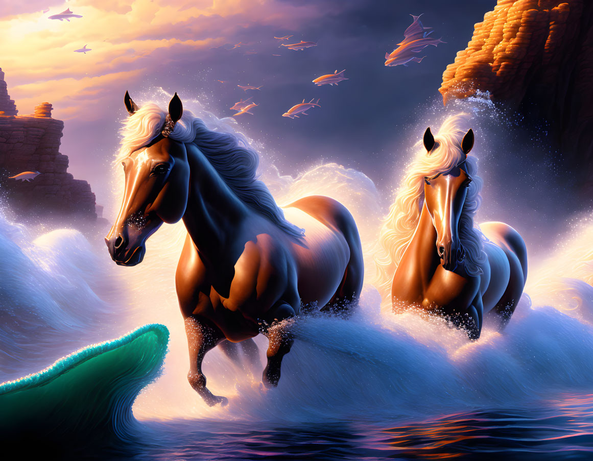 Majestic horses galloping in ocean at vibrant sunset