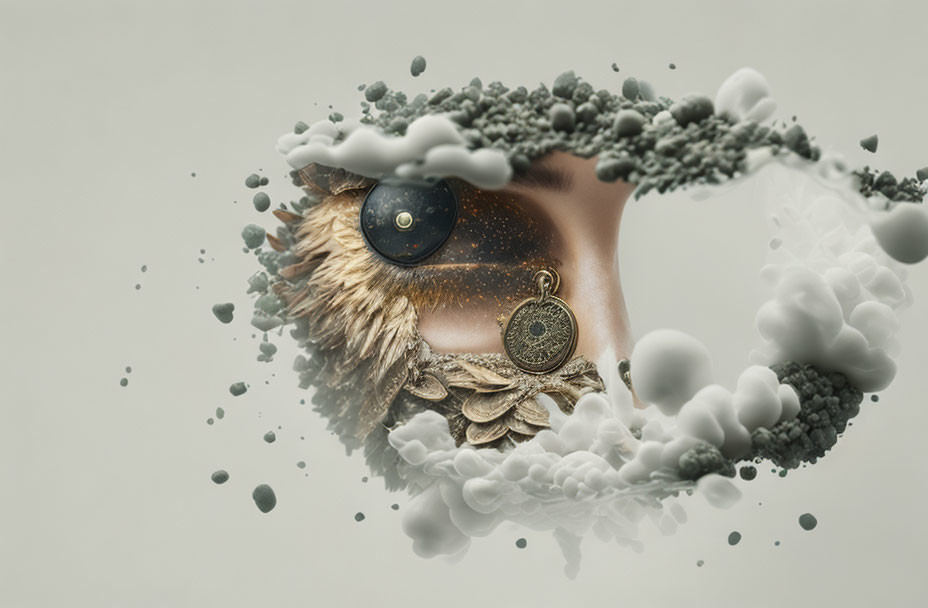 Owl eye with feathers disintegrating into particles and pocket watch