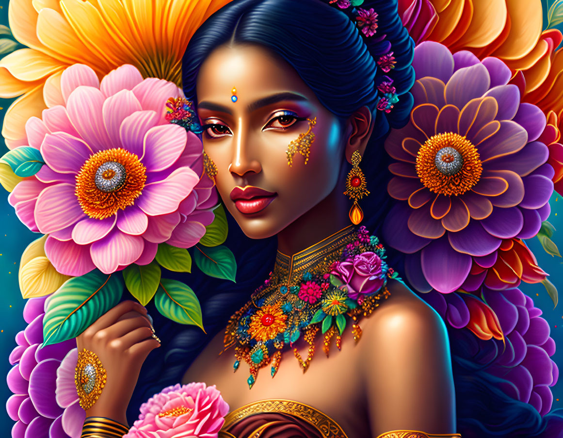 Illustrated Woman with Blue Bindi Surrounded by Colorful Flowers