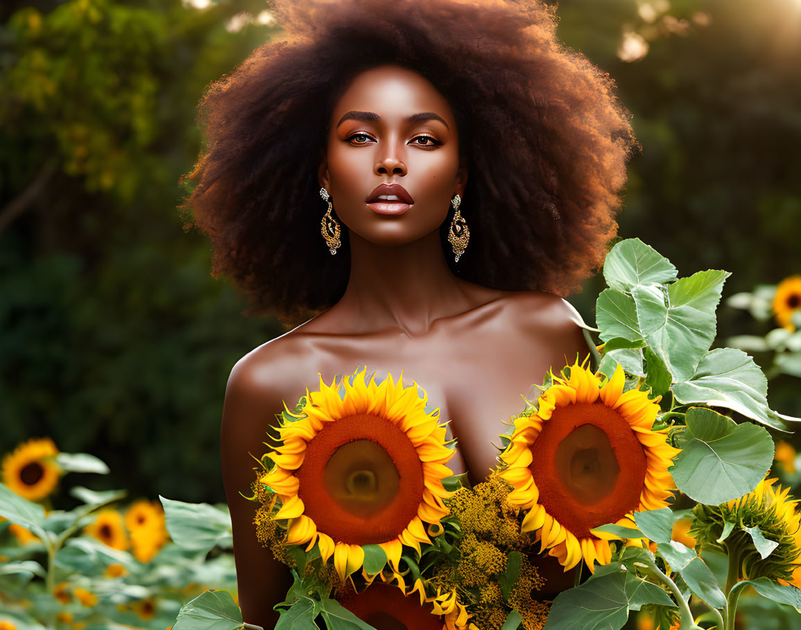 Woman with Afro Hair and Sunflowers in Garden - Natural and Vibrant Portrait