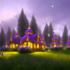 Misty Forest Cottage with Glowing Windows and Twilight Sky