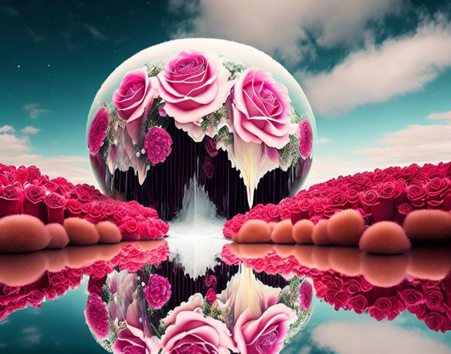 Surreal image of large pink roses on mirrored landscape