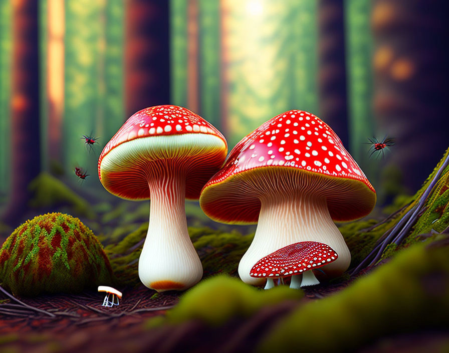 Red and white toadstools in fantasy forest with flying mosquitos and mini toadst