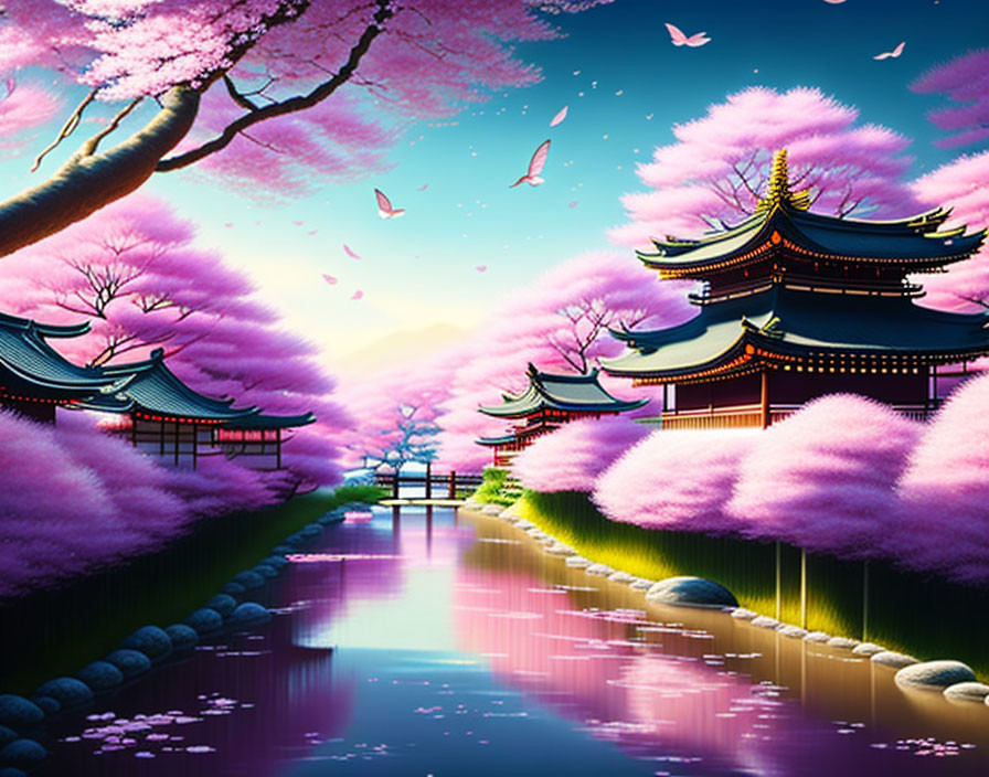 Japanese scene with cherry blossoms, pagodas & serene river