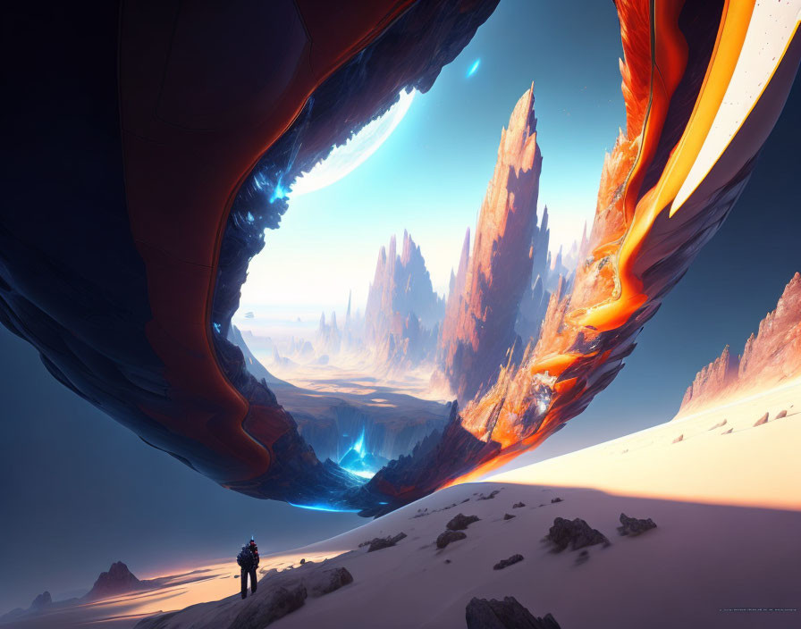 Person admires alien landscape with towering rock formations and glowing blue crevice